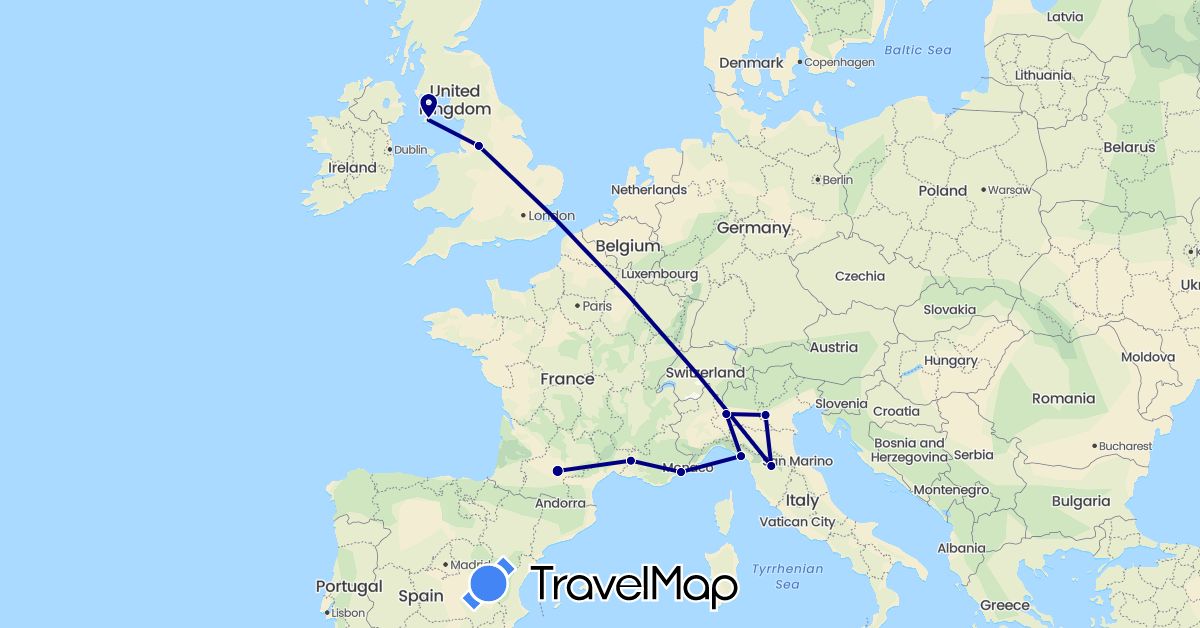 TravelMap itinerary: driving in France, United Kingdom, Isle of Man, Italy (Europe)